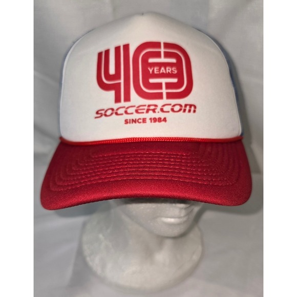 Soccer.com 40 Years Anniversary Trucker Hat Decky Red White Blue Mesh Cap - Picture 1 of 8